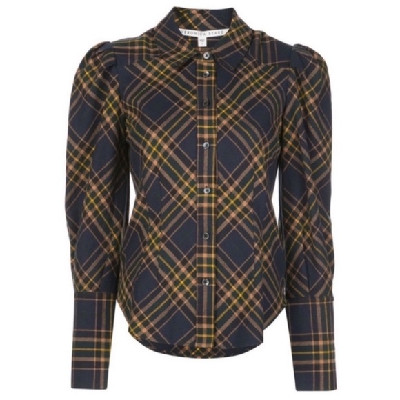 Veronica Beard Seneca Plaid Puff Sleeve Button-down shirt Size 0 Navy Check - Picture 4 of 12
